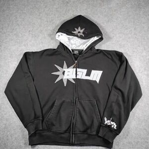 BSLM‎ Mens Black Full Zip Star Logo Hoodie Satin Lined Y2K Streetwear XL